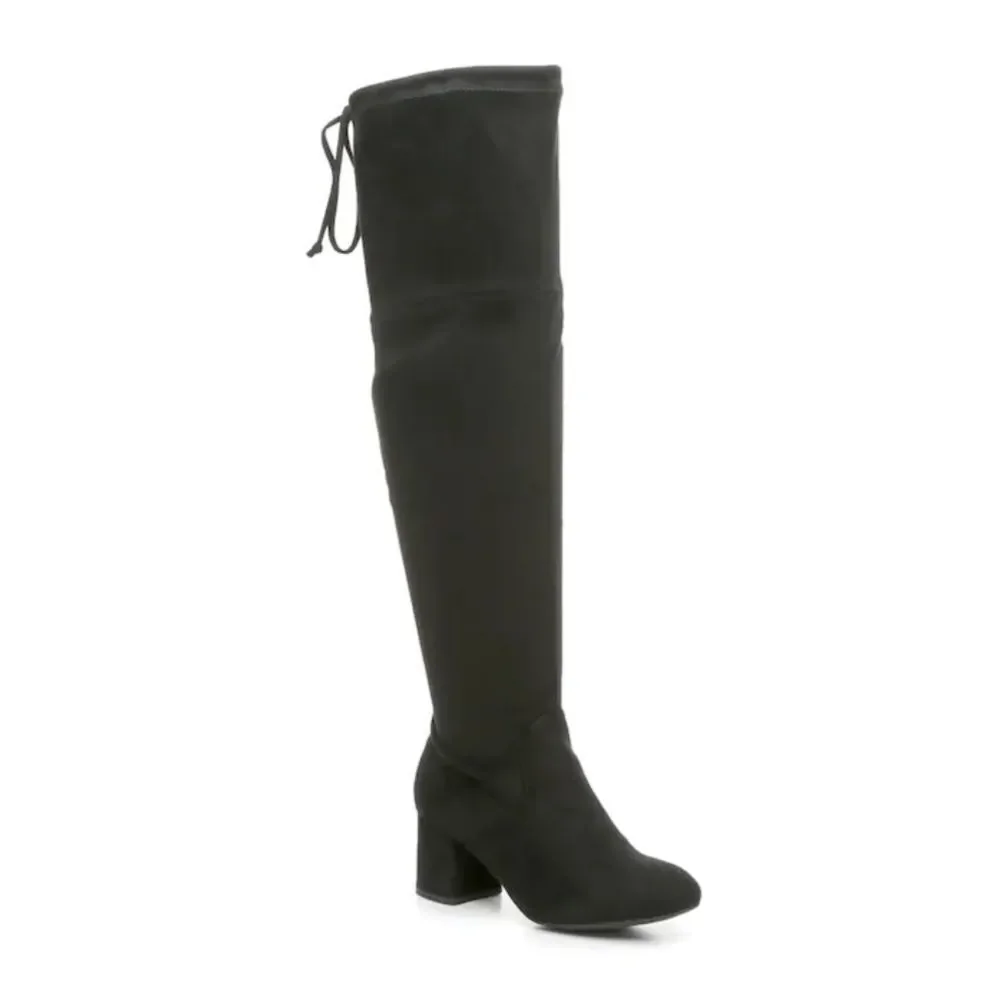 WIDE CALF Black Faux Suede Short Heel